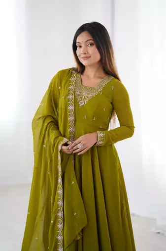 olive green georgette embroidered anarkali gown with dupatta- festive & party wear