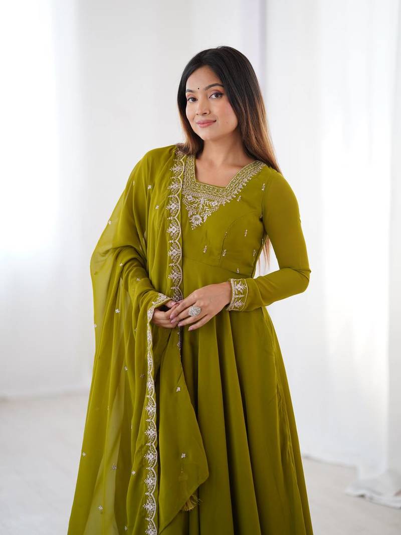 olive green georgette embroidered anarkali gown with dupatta- festive & party wear