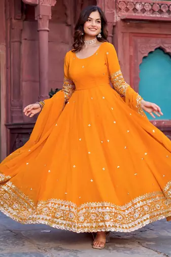 georgette mustard anarkali gown with thread & sequin work     stitched festive wear for women
