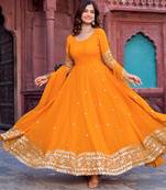 georgette mustard anarkali gown with thread & sequin work     stitched festive wear for women