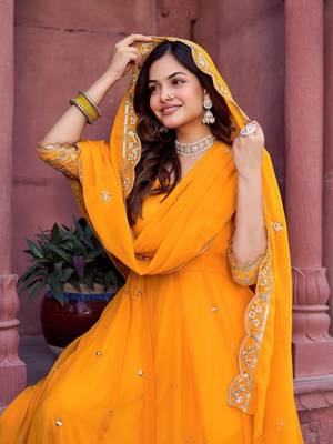 georgette mustard anarkali gown with thread & sequin work     stitched festive wear for women 4
