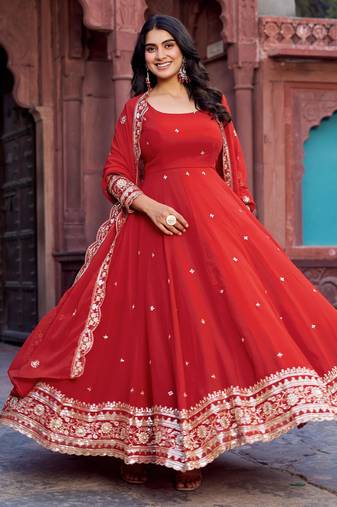 georgette red anarkali gown with thread & sequin work     stitched festive wear for women