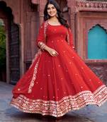 georgette red anarkali gown with thread & sequin work     stitched festive wear for women