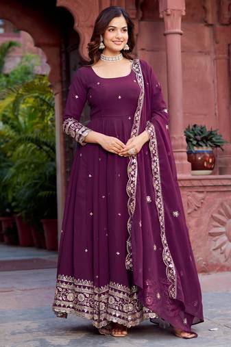 georgette wine anarkali gown with thread & sequin work     stitched festive wear for women