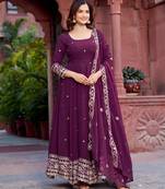 georgette wine anarkali gown with thread & sequin work     stitched festive wear for women