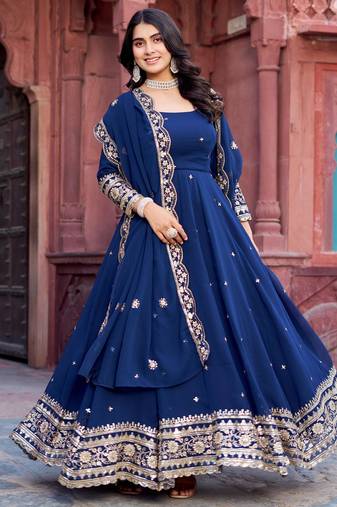 georgette nevy blue anarkali gown with thread & sequin work     stitched festive wear for women