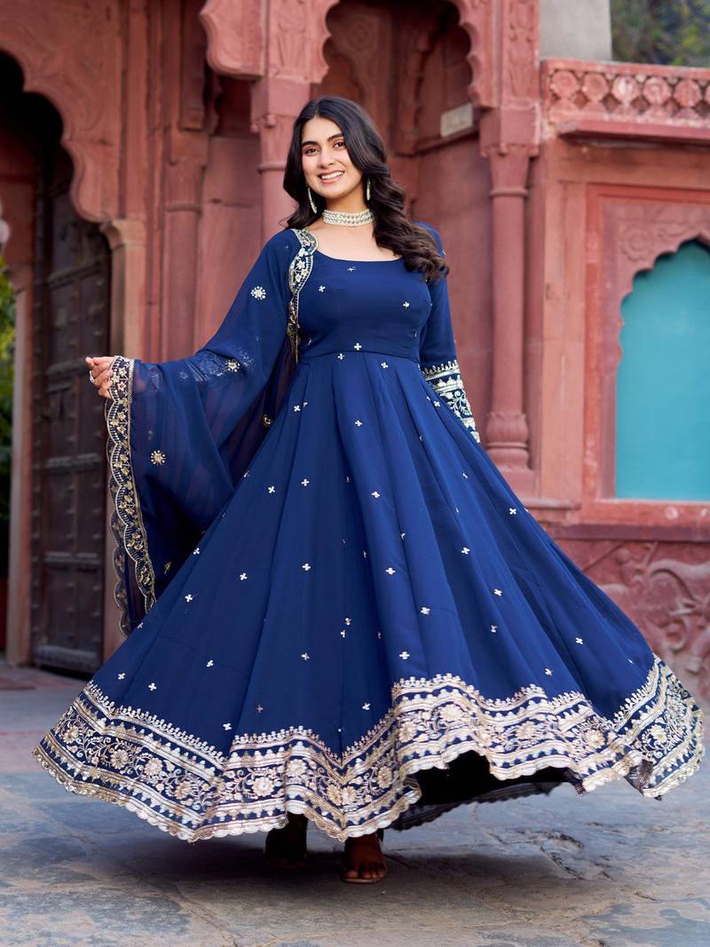 georgette nevy blue anarkali gown with thread & sequin work     stitched festive wear for women
