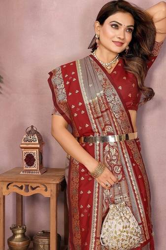 Grey Color Zari Weaving Designer Kalamkari Silk Saree