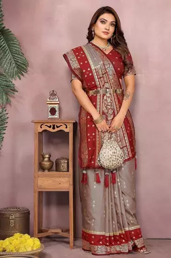 Grey Color Zari Weaving Designer Kalamkari Silk Saree