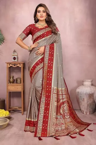 Grey Color Zari Weaving Designer Kalamkari Silk Saree