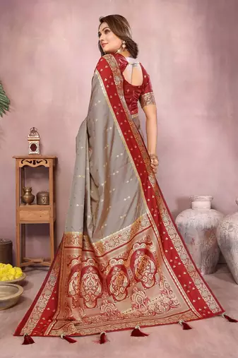 Grey Color Zari Weaving Designer Kalamkari Silk Saree