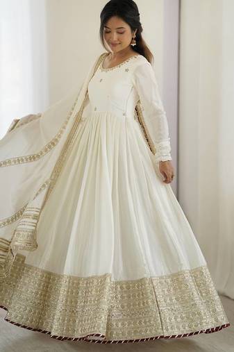 white chinon silk anarkali gown with sequnce  work     fully stitched festive & party wear for women