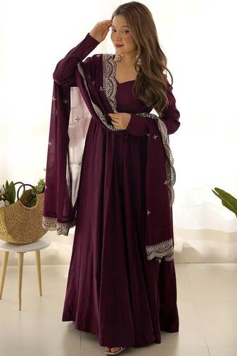 wine embroidered pure nsilk chanderi stitched anarkali gown with dupatta for festive & party wear