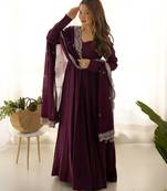 wine embroidered pure nsilk chanderi stitched anarkali gown with dupatta for festive & party wear