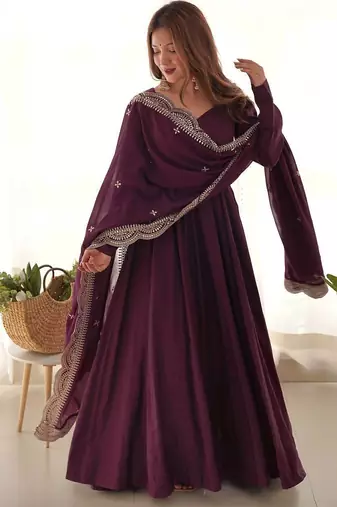 wine embroidered pure nsilk chanderi stitched anarkali gown with dupatta for festive & party wear
