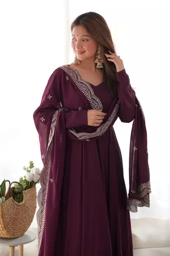 wine embroidered pure nsilk chanderi stitched anarkali gown with dupatta for festive & party wear