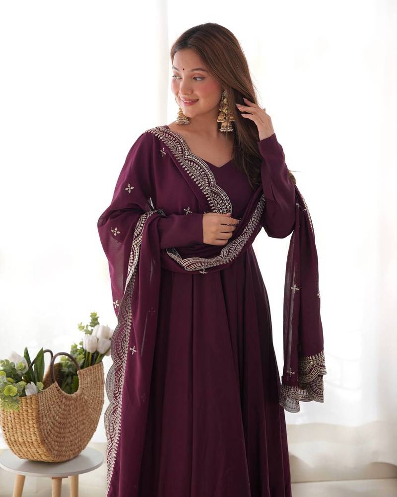 wine embroidered pure nsilk chanderi stitched anarkali gown with dupatta for festive & party wear