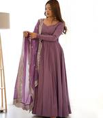 mauve embroidered pure nsilk chanderi stitched anarkali gown with dupatta festive & party wear