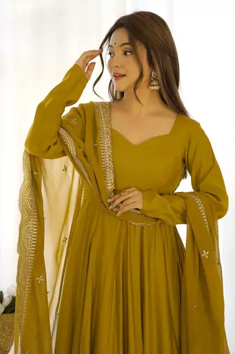 yellow embroidered pure nsilk chanderi stitched  anarkali gown with dupatta festive & party wear