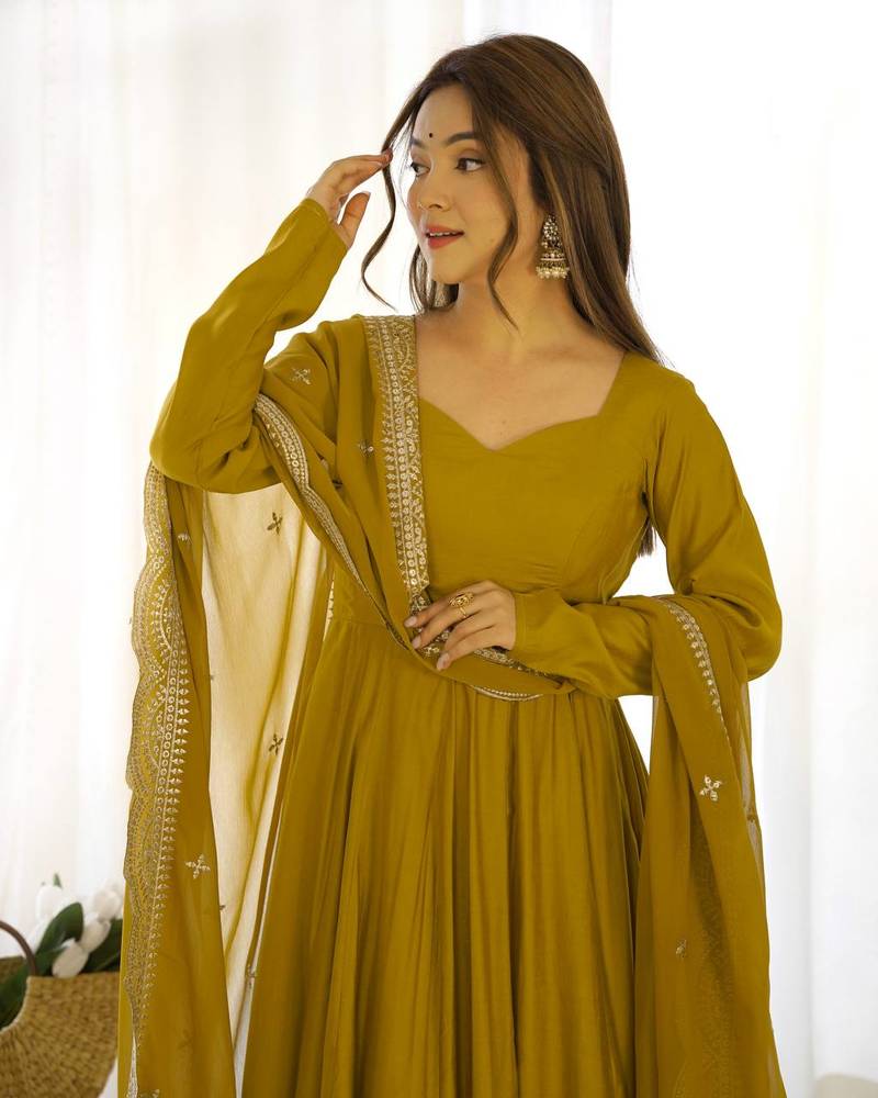 yellow embroidered pure nsilk chanderi stitched  anarkali gown with dupatta festive & party wear