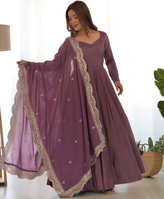 mauve embroidered pure nsilk chanderi stitched anarkali gown with dupatta festive & party wear 3