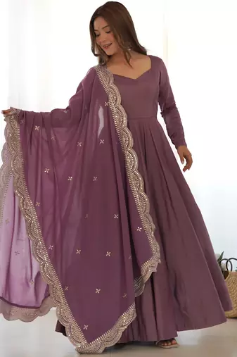 mauve embroidered pure nsilk chanderi stitched anarkali gown with dupatta festive & party wear