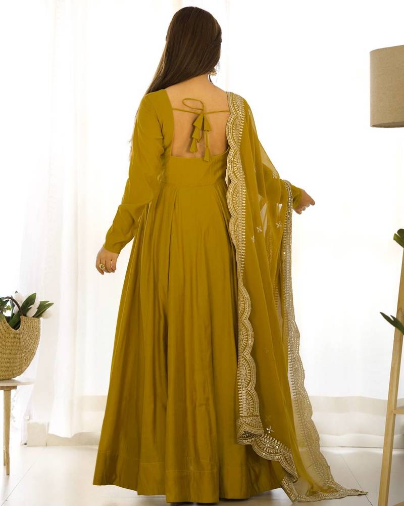 yellow embroidered pure nsilk chanderi stitched  anarkali gown with dupatta festive & party wear