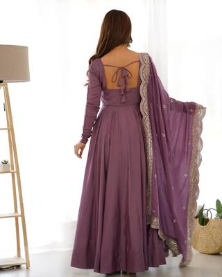 mauve embroidered pure nsilk chanderi stitched anarkali gown with dupatta festive & party wear 4
