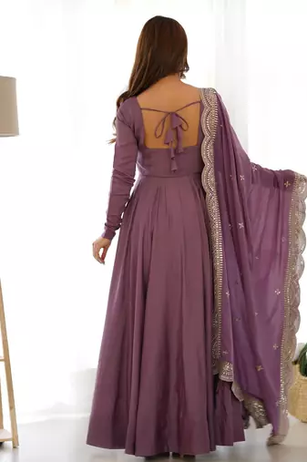 mauve embroidered pure nsilk chanderi stitched anarkali gown with dupatta festive & party wear