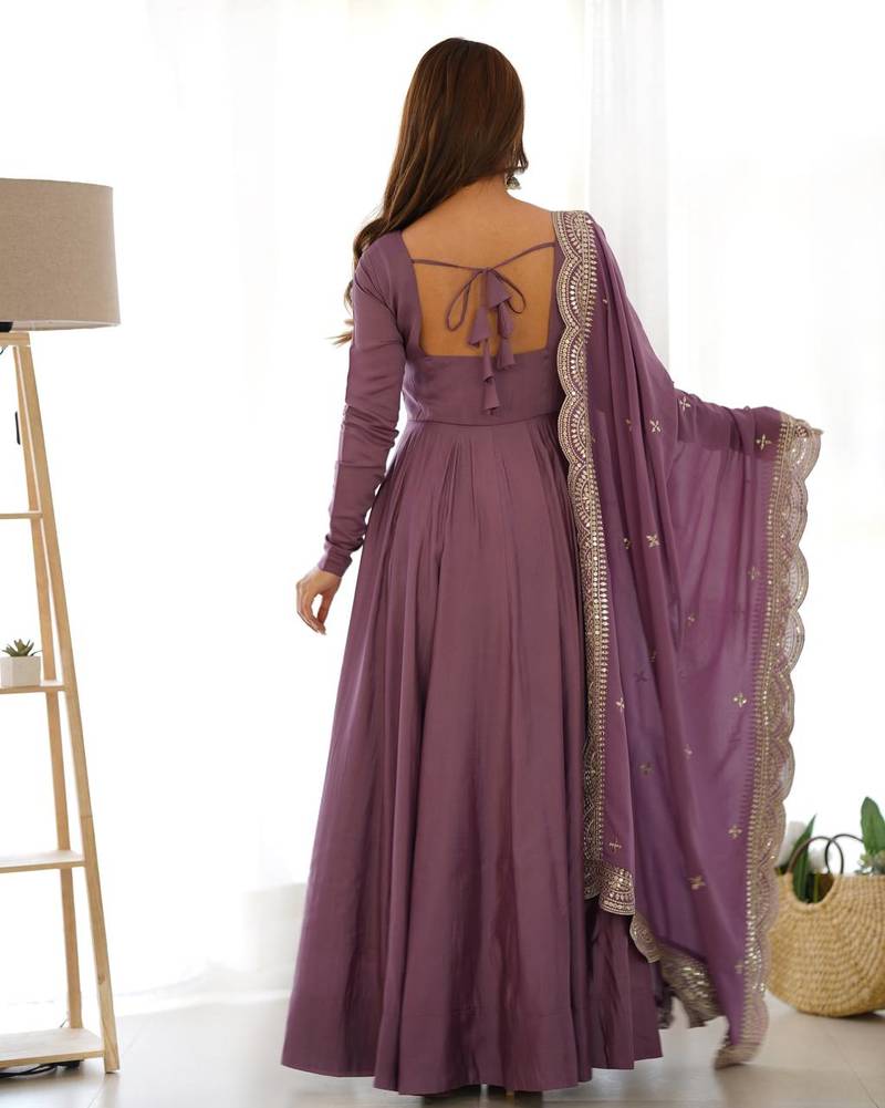 mauve embroidered pure nsilk chanderi stitched anarkali gown with dupatta festive & party wear