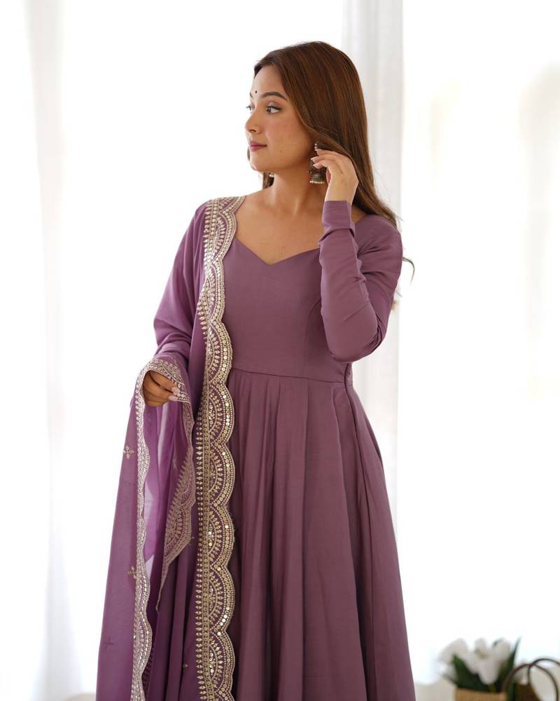 mauve embroidered pure nsilk chanderi stitched anarkali gown with dupatta festive & party wear