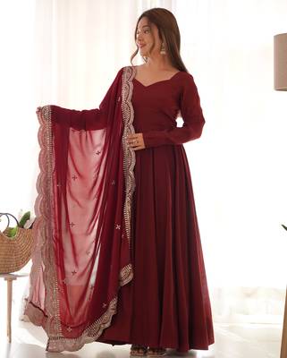 maroon embroidered pure nsilk chanderi stitched anarkali gown with dupatta festive & party wear 3