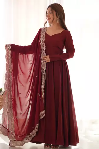 maroon embroidered pure nsilk chanderi stitched anarkali gown with dupatta festive & party wear