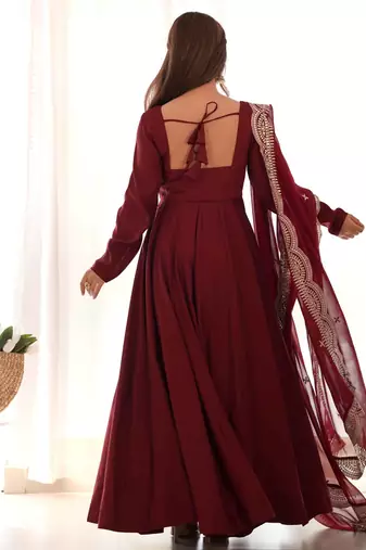 maroon embroidered pure nsilk chanderi stitched anarkali gown with dupatta festive & party wear