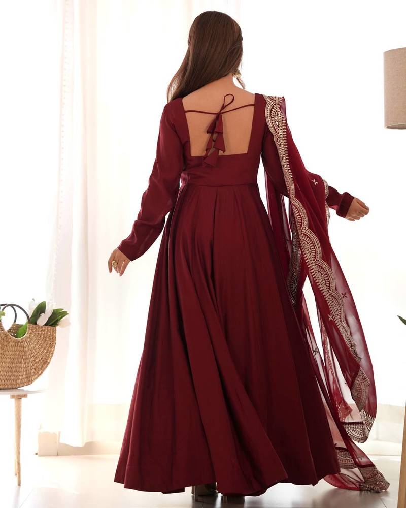 maroon embroidered pure nsilk chanderi stitched anarkali gown with dupatta festive & party wear
