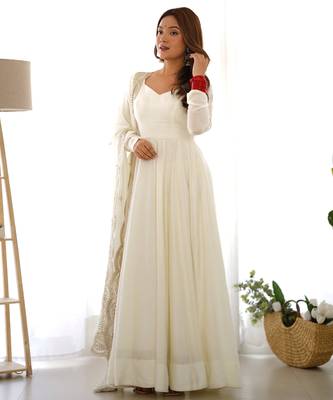 off-white embroidered pure nsilk chanderi stitched anarkali gown with dupatta festive wear 1