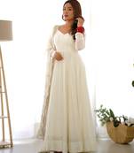 off-white embroidered pure nsilk chanderi stitched anarkali gown with dupatta festive wear