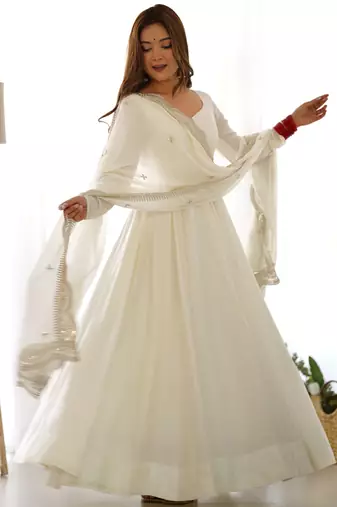 off-white embroidered pure nsilk chanderi stitched anarkali gown with dupatta festive wear