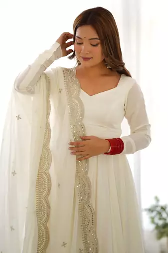 off-white embroidered pure nsilk chanderi stitched anarkali gown with dupatta festive wear