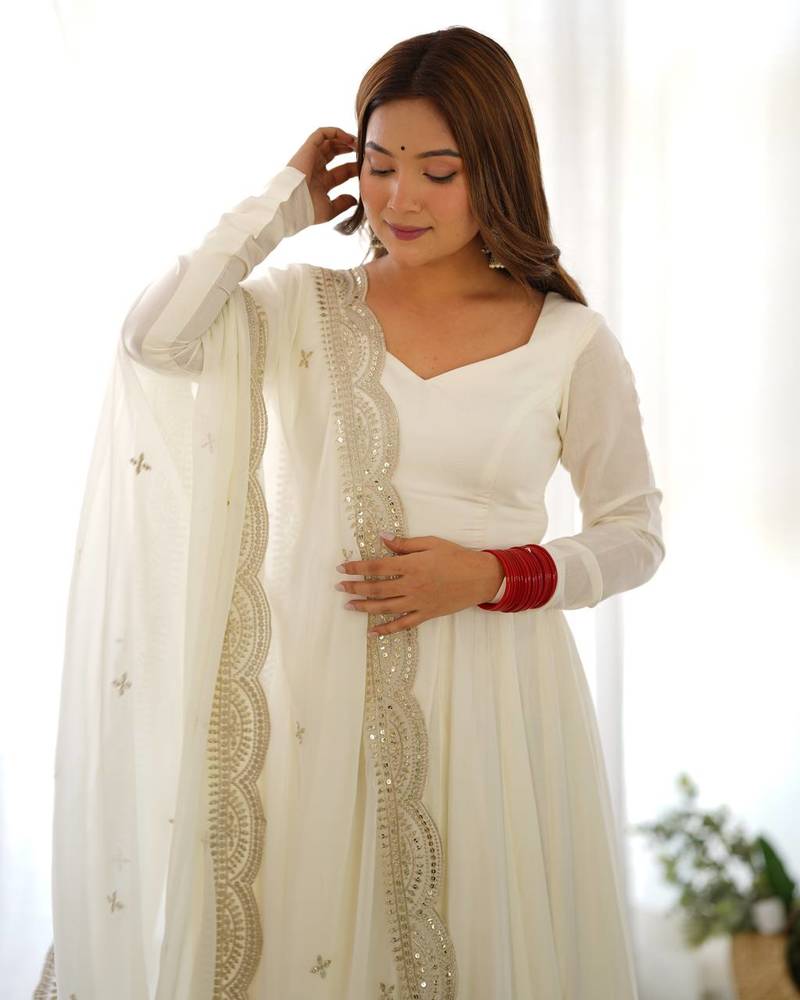 off-white embroidered pure nsilk chanderi stitched anarkali gown with dupatta festive wear
