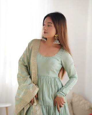 pista green silk chanderi anarkali dress 4