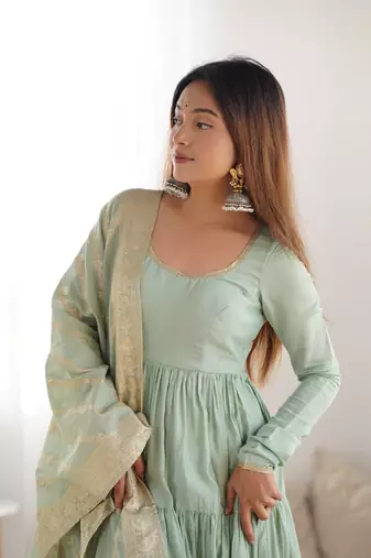 pista green silk chanderi anarkali dress