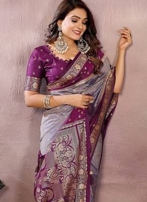 Lavender Color Zari Weaving Designer Kalamkari Silk Saree 1