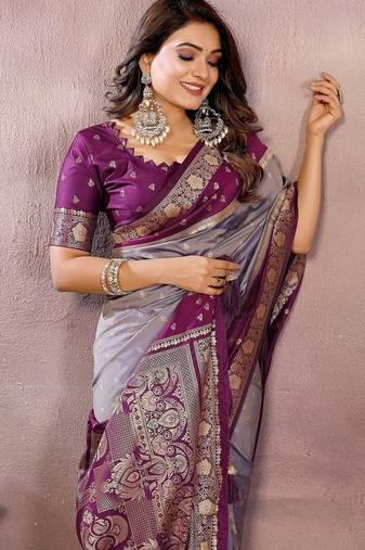 Lavender Color Zari Weaving Designer Kalamkari Silk Saree