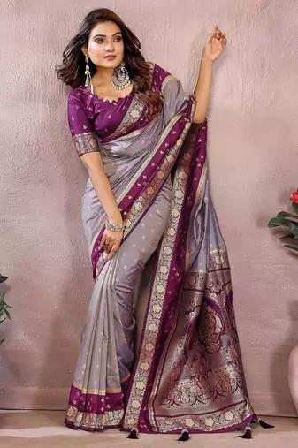 Lavender Color Zari Weaving Designer Kalamkari Silk Saree