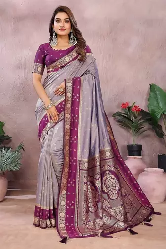 Lavender Color Zari Weaving Designer Kalamkari Silk Saree
