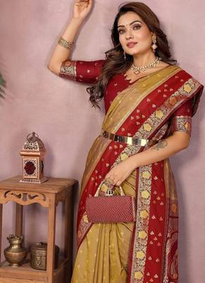 Mustard Color Zari Weaving Designer Kalamkari Silk Saree 1