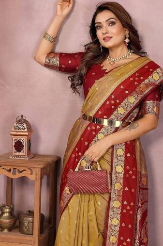 Mustard Color Zari Weaving Designer Kalamkari Silk Saree