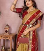 Mustard Color Zari Weaving Designer Kalamkari Silk Saree