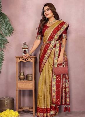 Mustard Color Zari Weaving Designer Kalamkari Silk Saree 2
